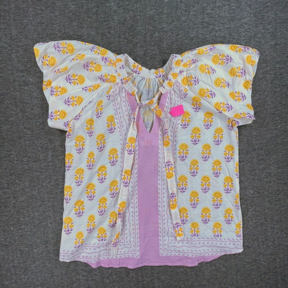 Ivy Jane Border Block Print Blouse Designer Sample M Yellow Purple Cotton Top - Picture 3 of 7